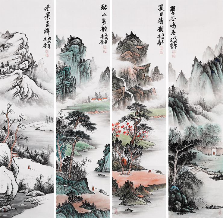 春夏秋冬四条屏山水国画描绘的是一年四季不同的自然景色,将四季之美