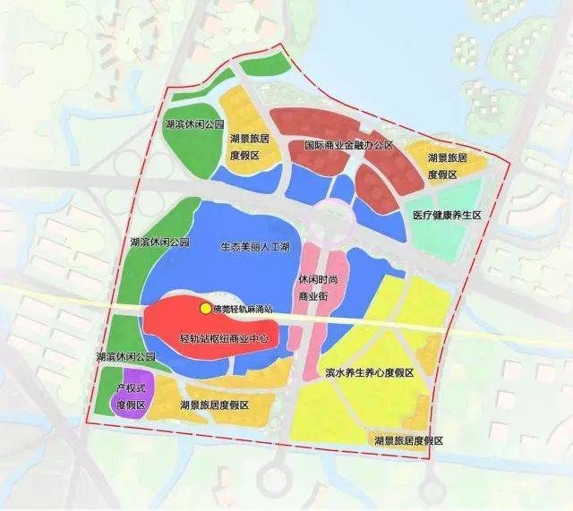 围绕南部的湖水景观,结合轻轨站及周边进行了功能分区规划,分别是