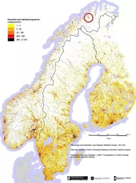 下面是北欧的人口密度地图,其人口大多分布在南部沿海地区,北部除了