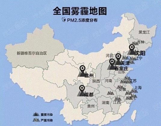 从全国雾霾地图可以看出,京津冀是重度污染的聚集地区,据国家环保部
