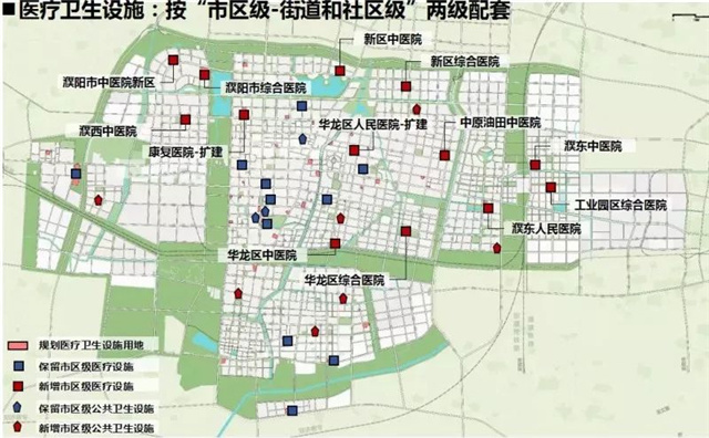 规划图医疗区域规划了约300亩的医疗用地,现在正与濮阳市人民医院及