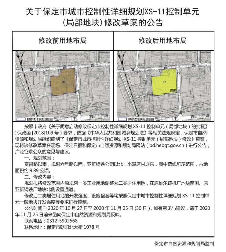 公告丨保定9.89公顷工业用地调整为居住用地 位于富昌路南