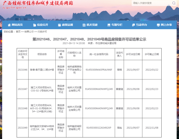 桂林自然资源局：9月最新获得预售证房产项目有三个！