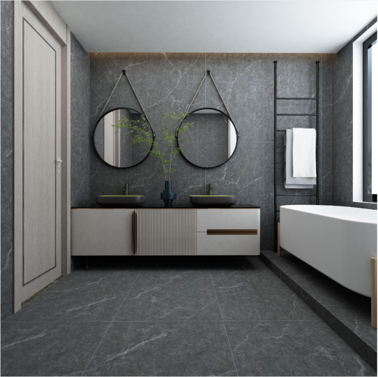 主卫采用灰色系欧神诺岩板通铺搭配双台盆 圆形浴镜浴室柜,简直太飒了