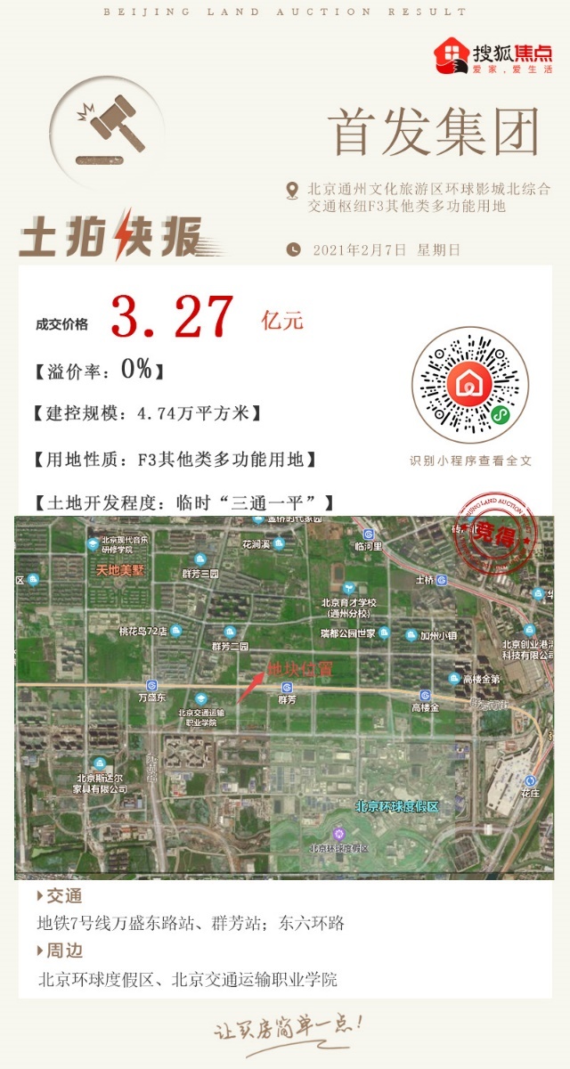 3.27亿,首发集团底价拿下鼠年北京最后一宗多功能用地