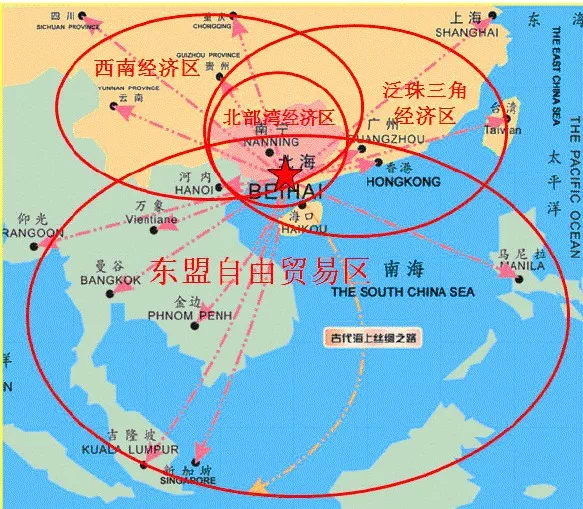 中国大西南出海口泛北部湾经济合作区域结合部的中心位置古代海上