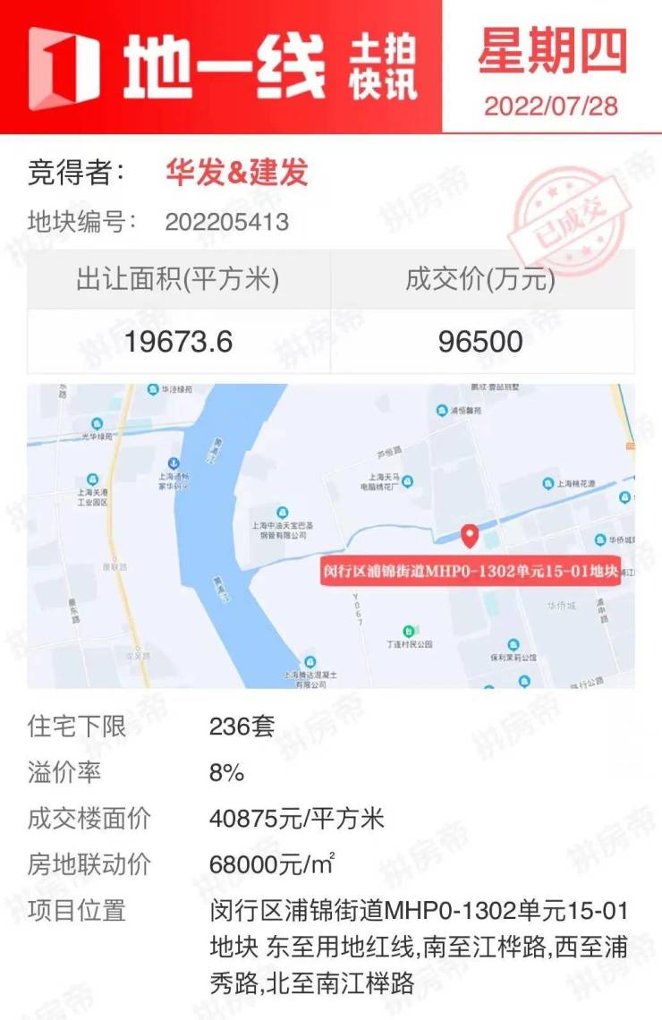 地一线一次书面报价触发随机值华发建发再度落子闵行浦锦街道低密宅地