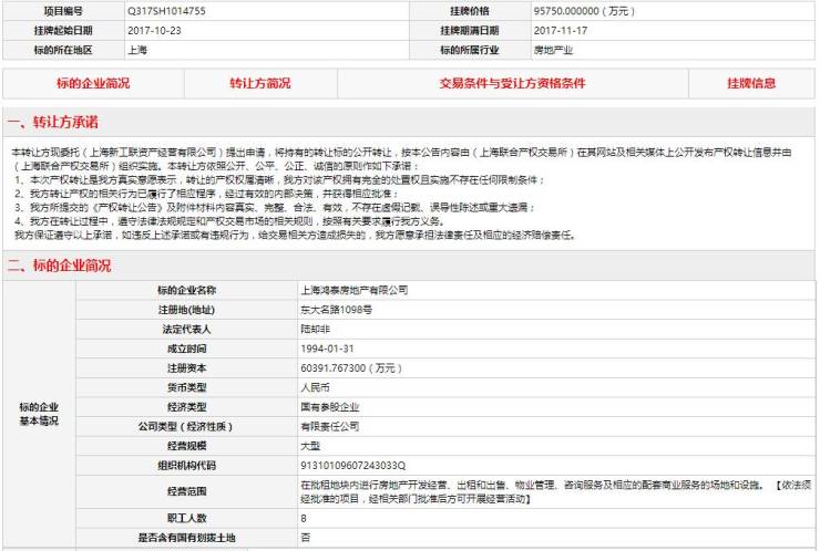 信息披露:上海鸿泰房地产有限公司25%股权及