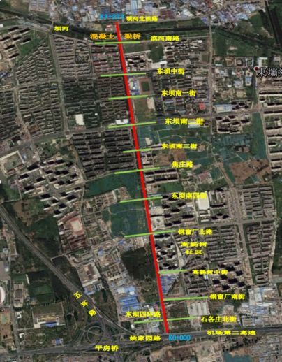 目前,与东坝中路现状相交的道路共14条,自南向北依次为:姚家园路,东坝