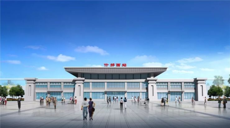 什邡西站三星堆车站,将三星堆的青铜人像抽象为站房的整体造型,中间加